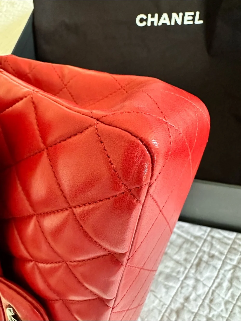 CHANEL Classic Quilted Lambskin Medium Double Flap Red Excellent Condition